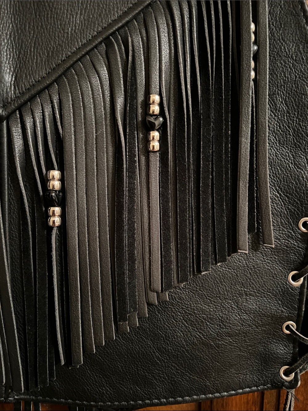 Vintage Black Fringe Rose Embroidered Leather Vest - Picture 3 of 5